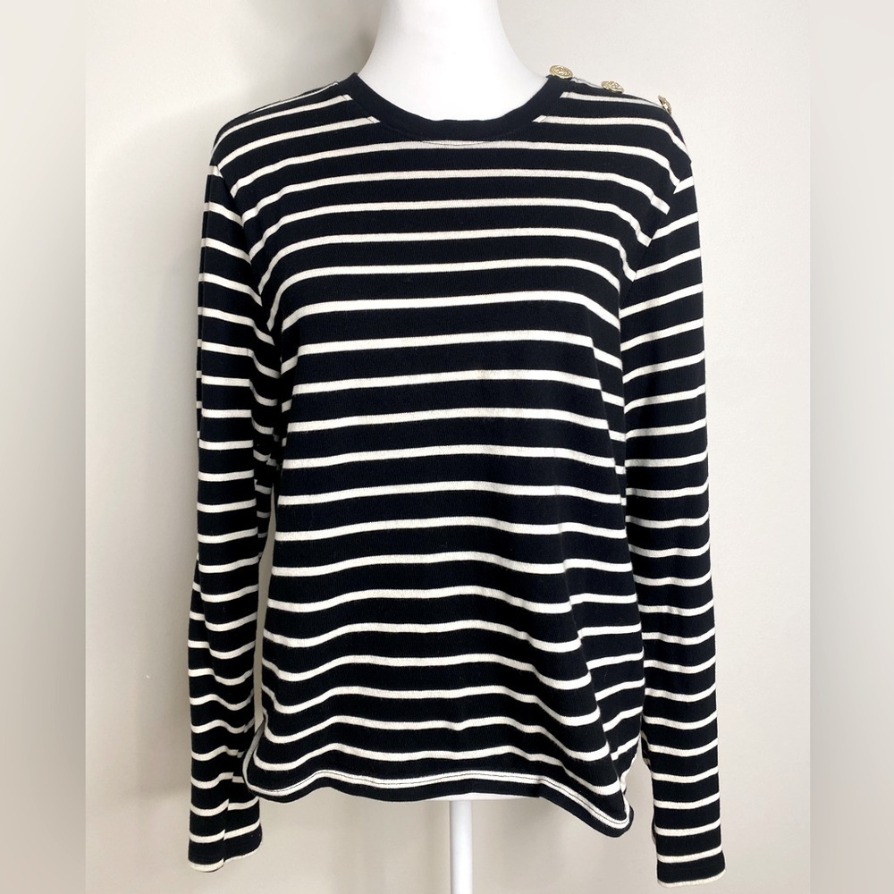 H&M Striped Black and White Classic Basic Cotton Women's Top w Gold Buttons Sz L